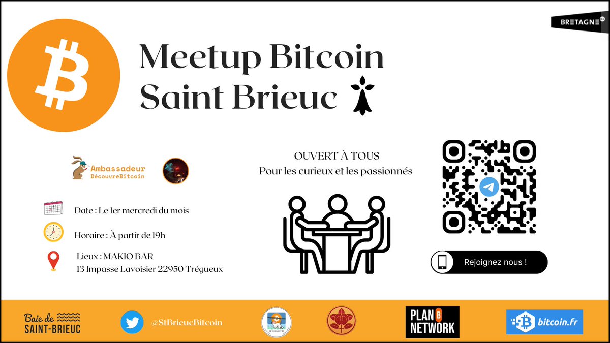 On est le 1er mercredi du mois, ça veut dire meetup #Bitcoin à Saint Brieuc 🔥

Rdv ce soir au Makio Bar à partir de 19h autour de quelques bières🍻

La délégation briochine nous racontera son expérience au BEF -&gt; x.com/Scuba_Wizard/s…