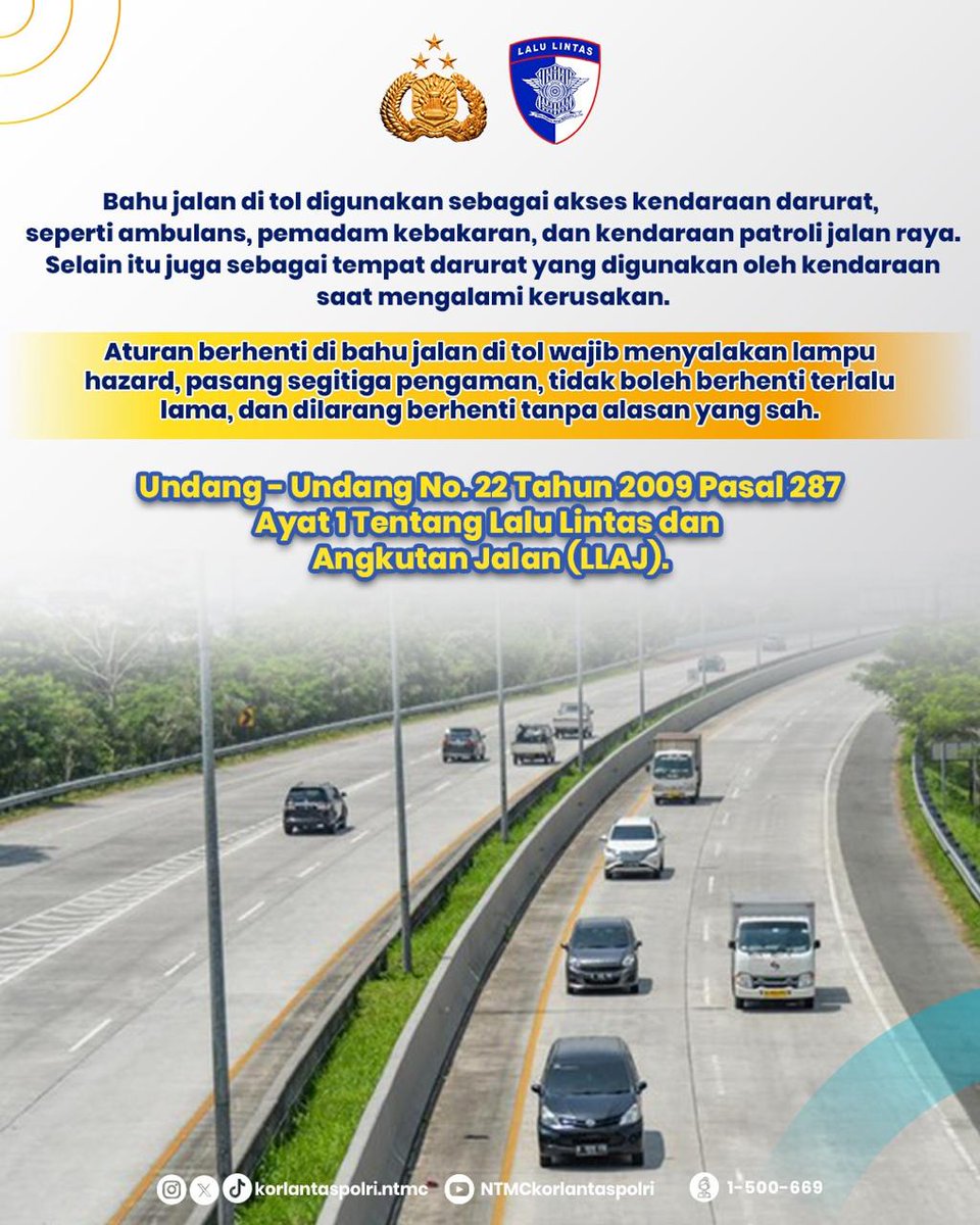 🚧 Bahu jalan tol bukan jalur cepat atau tempat istirahat! Jalur ini hanya untuk keadaan darurat, seperti kerusakan kendaraan atau akses untuk ambulans dan petugas. Berhenti tanpa alasan yang sah bisa dikenakan sanksi sesuai UU No. 22 Tahun 2009 Pasal 287 Ayat 1. Yuk, patuhi