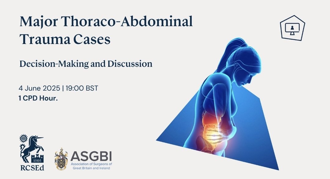 ASGBI Moynihan Academy (@asgbi_ma) on Twitter photo 🚨 TONIGHT @ 19:00 BST
Join us for an interactive webinar on Major Thoraco-Abdominal Trauma Cases -real case decision-making and expert discussion.
🕖 1 CPD hour
📍 Online
📅 4 June 2025
🎓<a href="/RCSEd/">The Royal College of Surgeons of Edinburgh</a> & @ASGBI
🔗Don’t miss out!
#TraumaSurgery
#SurgicalEducation #ASGBI #RCSEd 🚨 TONIGHT @ 19:00 BST
Join us for an interactive webinar on Major Thoraco-Abdominal Trauma Cases -real case decision-making and expert discussion.
🕖 1 CPD hour
📍 Online
📅 4 June 2025
🎓<a href="/RCSEd/">The Royal College of Surgeons of Edinburgh</a> & @ASGBI
🔗Don’t miss out!
#TraumaSurgery
#SurgicalEducation #ASGBI #RCSEd