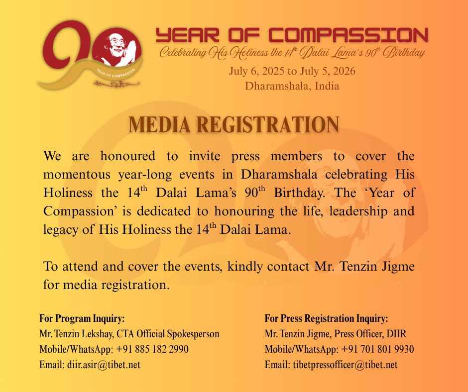 MEDIA INVITE to cover the year-long celebration of His Holiness the 14th Dalai Lama’s 90th Birthday (Ghoton) events in Dharamshala, HP, India.🙏