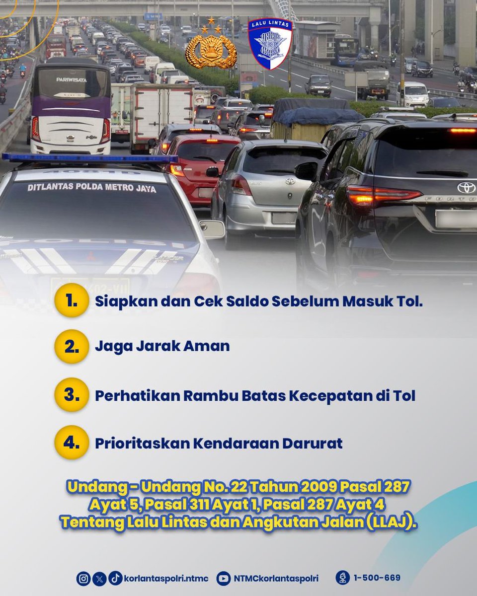 Keselamatan berkendara di jalan tol dimulai dari kedisiplinan dan kesiapan pengemudi. Berdasarkan Undang-Undang No. 22 Tahun 2009 Pasal 287 Ayat 5, Pasal 311 Ayat 1, dan Pasal 287 Ayat 4, pelanggaran di jalan tol dapat dikenakan sanksi hukum.

#HimbauanTol #TolAman