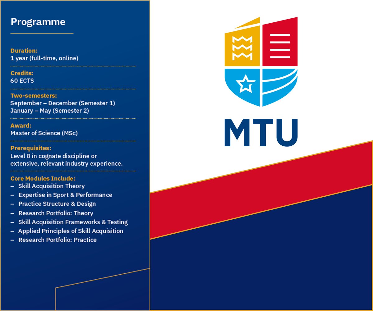 Looking for more info on the #MScSkillAcquisition

The MSc is delivered fully online w/ options of 1 Year Full-Time or 2 Years Part-Time 

Engage in modules such as: Skill Acquisition Theory, Practice Structure &amp; Design, &amp; Skill Acquisition Frameworks.

mtu.ie/courses/crbsaf…