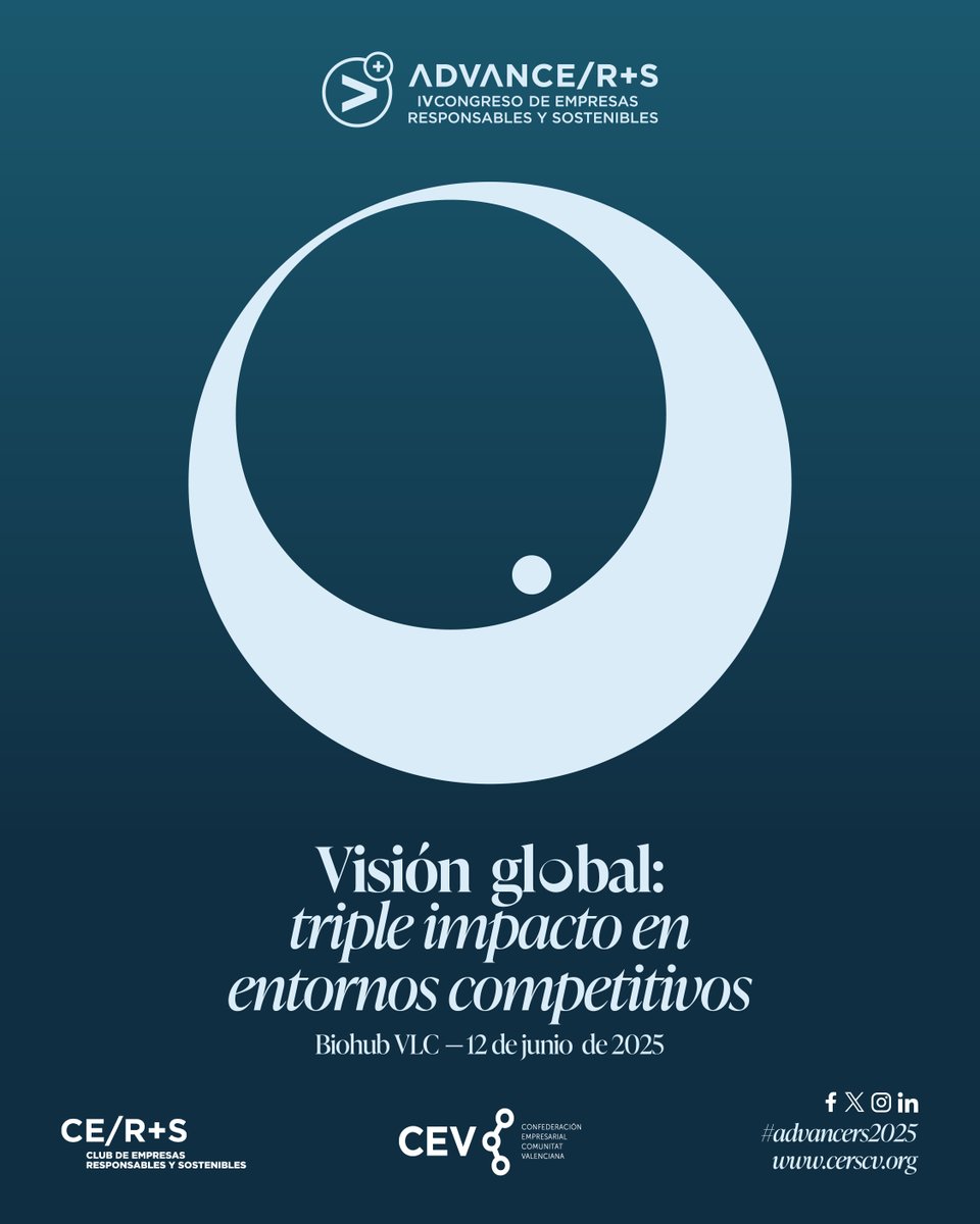 🙌 ¡Se acerca #advancers2025

Es un orgullo ser partner del IV Congreso de #EmpresasResponsablesYSostenibles, el evento de referencia en el sector, organizado por <a href="/cerscv/">CE/R+S</a>

📍 Jueves, 12 de junio en BIOHUB VLC 
🔍 Consulta el programa: cerscv.org/congreso2025/p…