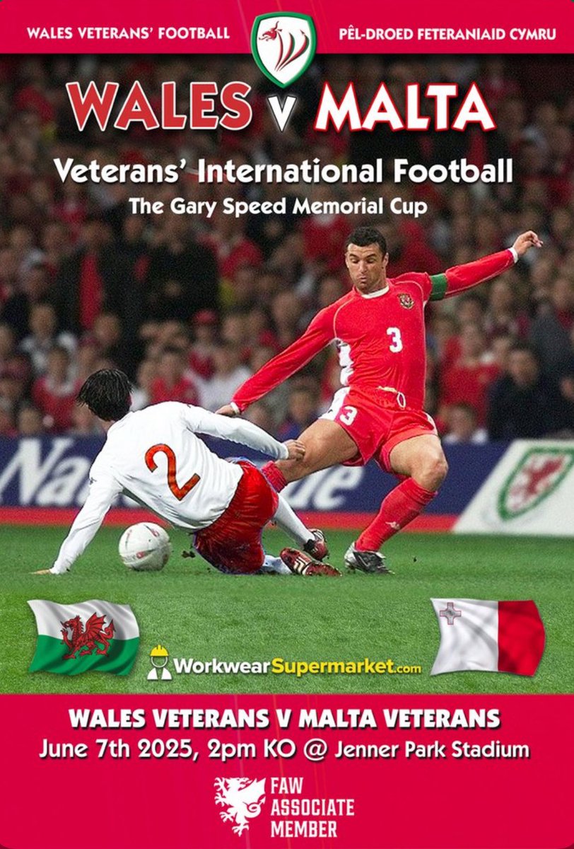 Wales Vets Football (@walesvets) on Twitter photo *Squad Announcement*
Manager <a href="/LWO4/">Laurence Owen</a> selects his squad who welcome Malta Legends to <a href="/JennerPark3G/">Jenner Park</a> on Saturday afternoon to compete for the ‘Gary Speed Memorial Trophy’
🏟️ | Jenner Park, Barry
📆 | Saturday 7th June
⚽️ | 14:00 KO
Come & support #VetsFootball ❤️🏴⚽️ *Squad Announcement*
Manager <a href="/LWO4/">Laurence Owen</a> selects his squad who welcome Malta Legends to <a href="/JennerPark3G/">Jenner Park</a> on Saturday afternoon to compete for the ‘Gary Speed Memorial Trophy’
🏟️ | Jenner Park, Barry
📆 | Saturday 7th June
⚽️ | 14:00 KO
Come & support #VetsFootball ❤️🏴⚽️