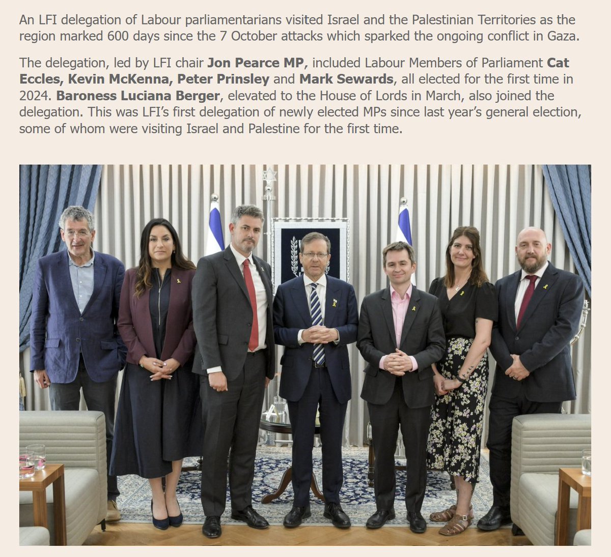 🚨Five Labour MPs visited Israel on a trip sponsored by Labour Friends of Israel last week.

They met with Israeli president Isaac Herzog who said the "entire nation" of Gaza was collectively responsible for 7 October.