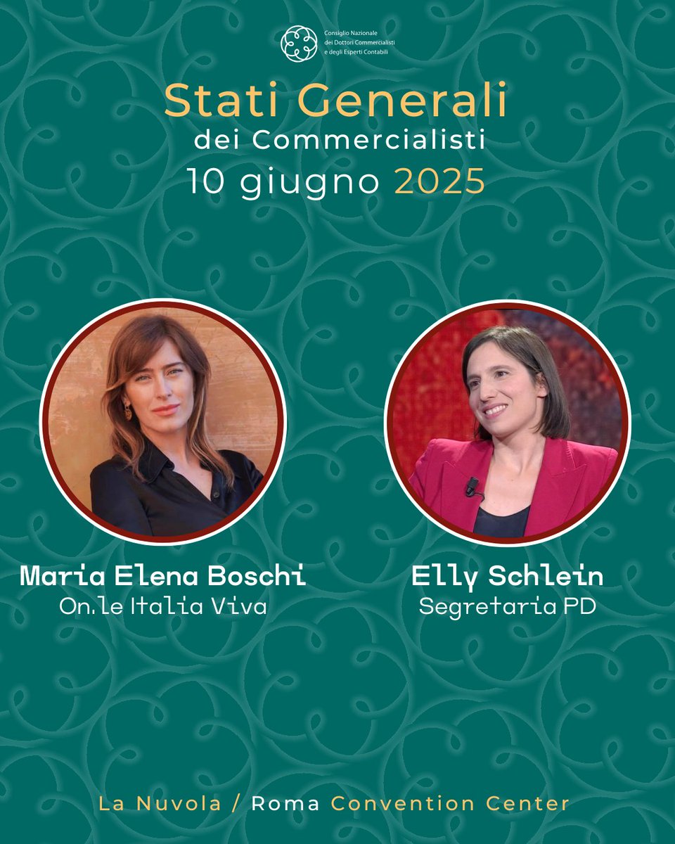 Stati Generali dei Commercialisti 2025 - “𝐈 𝐂𝐨𝐦𝐦𝐞𝐫𝐜𝐢𝐚𝐥𝐢𝐬𝐭𝐢: 𝐮𝐧𝐚 𝐠𝐮𝐢𝐝𝐚 𝐬𝐭𝐫𝐚𝐭𝐞𝐠𝐢𝐜𝐚 𝐩𝐞𝐫 𝐥𝐞 𝐬𝐟𝐢𝐝𝐞 𝐝𝐞𝐥 𝐏𝐚𝐞𝐬𝐞”. Tra gli esponenti politici parteciperanno <a href="/meb/">Maria Elena Boschi</a>, Capogruppo <a href="/ItaliaViva/">Italia Viva</a> alla Camera, ed Elly Schlein, Segretaria <a href="/pdnetwork/">Partito Democratico 🇮🇹 🇪🇺</a>