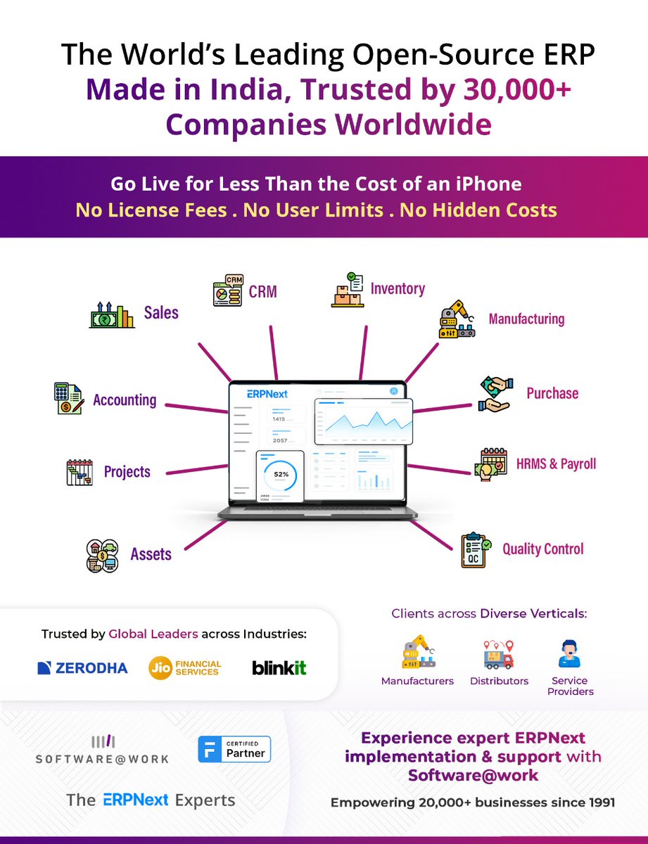 SoftwareAtWork's tweet image. Tired of juggling tools & spreadsheets?
Meet ERPNext โ India-built, open-source ERP trusted by 30K+ companies.
โ
Accounting, CRM, HR, Inventory & more
๐ก Unlimited users, real-time insights
Go live from โน1.5L with Software@Work!
#ERPNext #OpenSourceERP #software #growth #saw