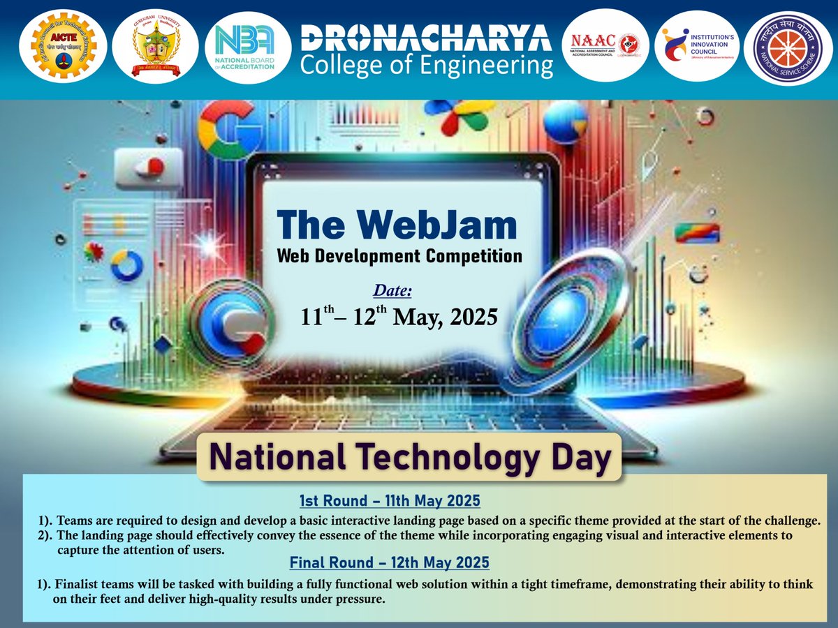 dronacharya_123's tweet image. 🚀 Celebrating #NationalTechnologyDay at DCE Gurugram with WebJam 2025! 💻
Over 500 teams showcased coding &amp;amp; UI/UX skills in a 2-day dev showdown.
🏆 1st: Harshit | 2nd: Yuvraj | 3rd: Divik
Innovation. Impact. Future-ready talent.
#WebJam #DCEGurugram #MoEIndia #EdTech