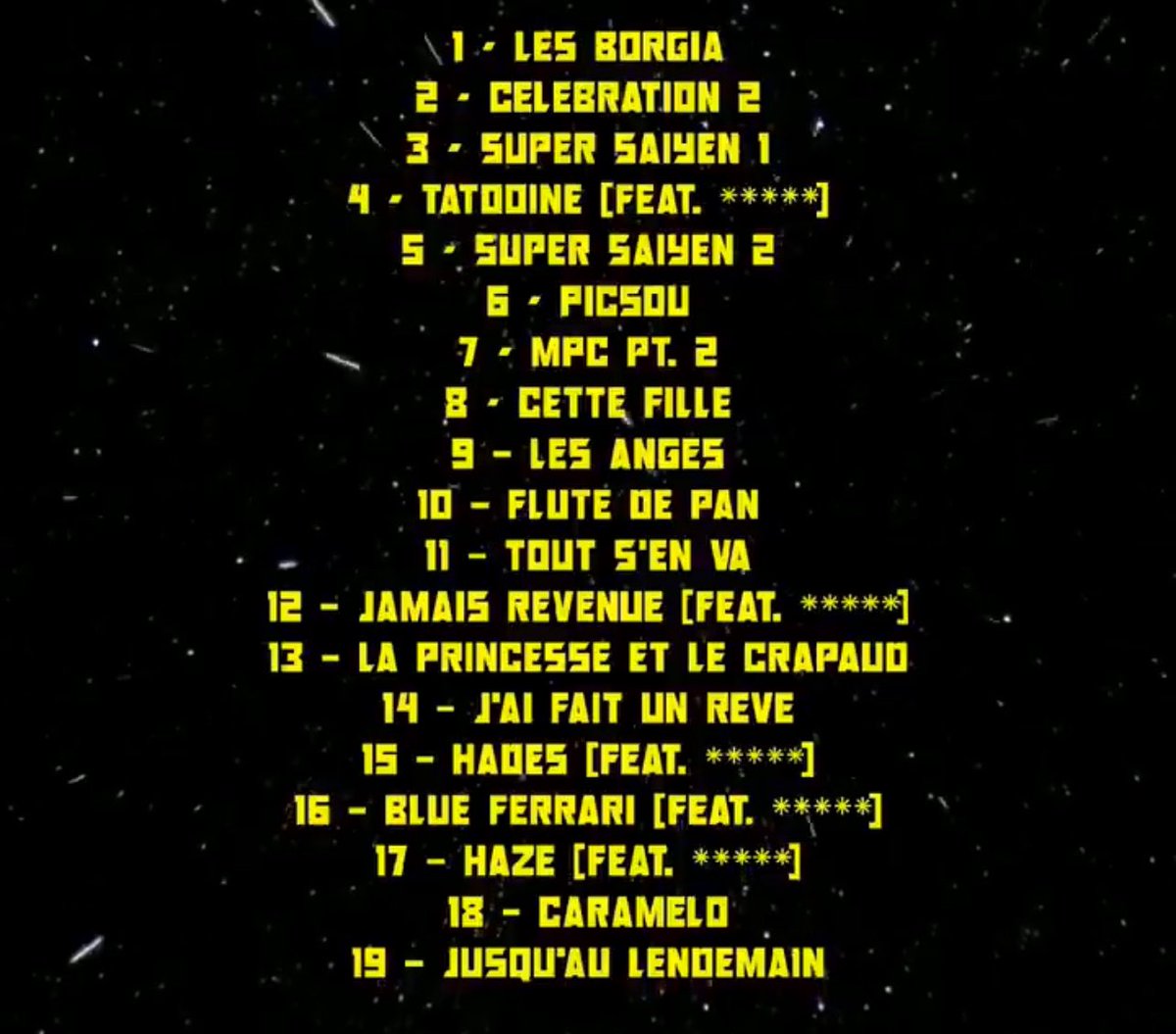 🎈 LUV RESVAL sortait son album « Etoile Noire » il y a 4 ans jour pour jour ! 

▫️LES BORJIA
▫️MPC, Part II (La rivière) 
▫️CETTE FILLE
▫️TOUT S’EN VA
▫️BLUE FERRARI
…

Un projet exceptionnel 🕊️