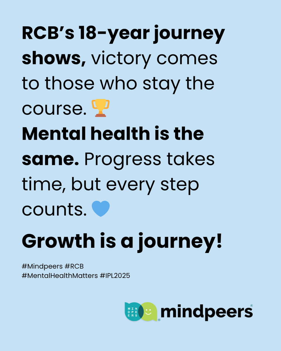 MindPeers_'s tweet photo. RCB’s win after 18 years is more than a trophy, it proves how belief can carry you through long journeys.
At Mindpeers, we see mental health the same way: setbacks, comebacks, and moments that click.
Let’s honour every small win along the way.
#Mindpeers #MentalHealthMatters #RCB https://t.co/tsZQ5fFw2v