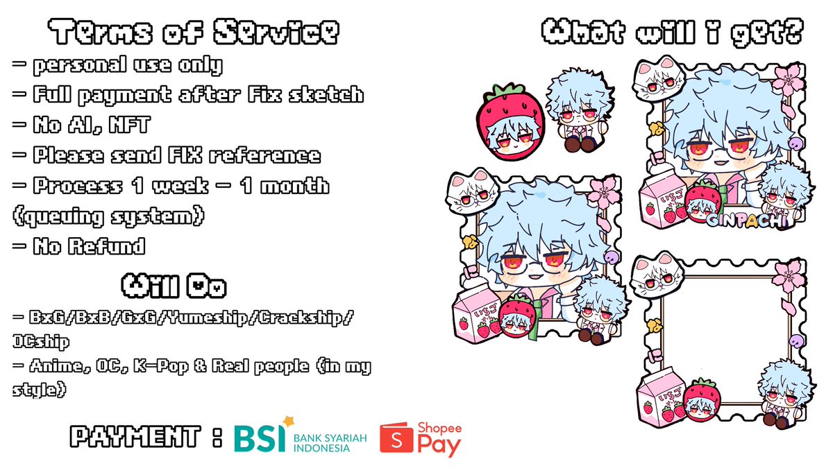 F0N4UR's tweet image. 🍓YCH CHIBI COMMISSION🍓
[RT/like are very appreciated]

#Commission slot (0/10)
—Cocok dicetak untuk keychain, phonestrap &amp;amp; stiker🌸

Please read my Carrd FAQ, ToS before ordering!
fonacommission.carrd.co