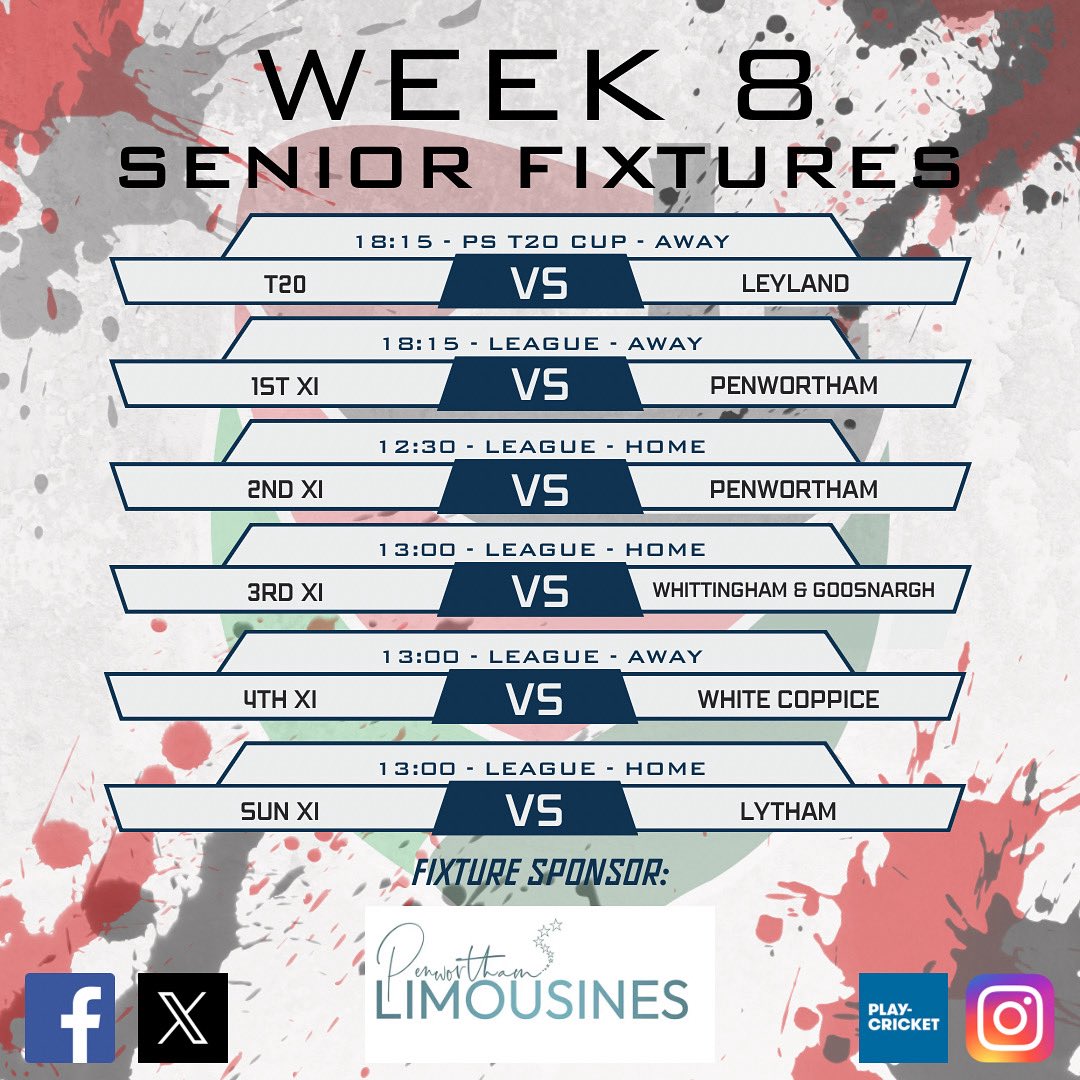 Week 8 fixtures!
Kicking off with another T20 v Leyland 2s.
1s then travel to neighbours Penwortham, with the 2s hosting Penwortham.
3s host Wittingham &amp; Goosnargh and the 4s take the trip to White Coppice, before the Sunday XI host Lytham!

#VCCC