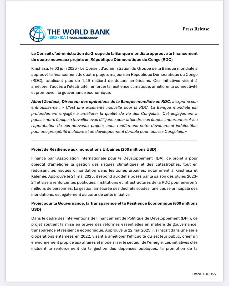infos5sur5_cd's tweet photo. Le Conseil d’administration de la Banque mondiale @Banquemondiale a donné son feu vert à un financement historique de plus de 1,49 milliard de dollars pour soutenir quatre projets majeurs en République Démocratique du Congo. https://t.co/xAwiGHeGBC