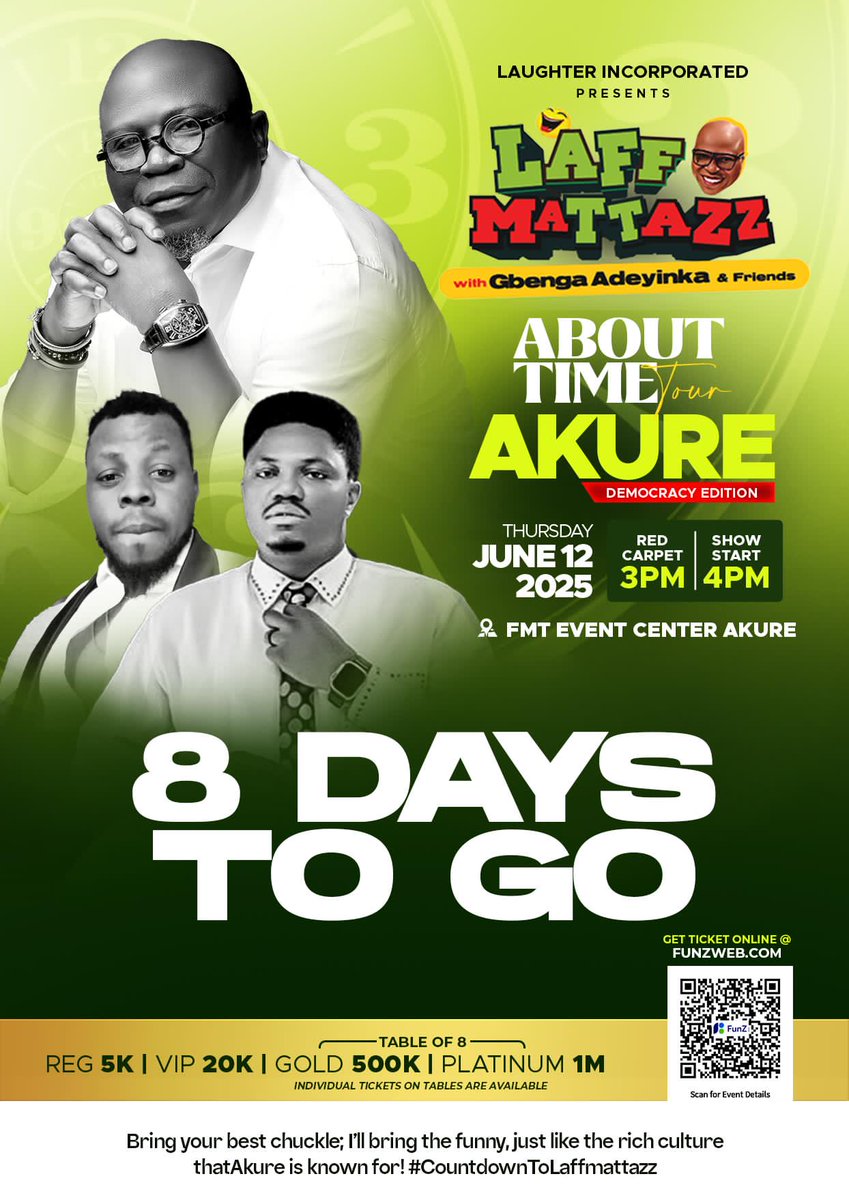 City Of Àkúrẹ́ (Olóyèmẹkun) (@akurecity) on Twitter photo 8 Days to Premium Entertainment in The city of Akure
LOUD IN AKURE with <a href="/gbengaadeyinka/">Gbenga Adeyinka 1st</a> and Friends is Back !!
Where else will you be on JUNE 12 ??
FMT Event centre Akure is the only Place to be 💃🕺
Tickets are Fast Selling , Get yours Now
#LaffmattazzAkure2025 8 Days to Premium Entertainment in The city of Akure
LOUD IN AKURE with <a href="/gbengaadeyinka/">Gbenga Adeyinka 1st</a> and Friends is Back !!
Where else will you be on JUNE 12 ??
FMT Event centre Akure is the only Place to be 💃🕺
Tickets are Fast Selling , Get yours Now
#LaffmattazzAkure2025