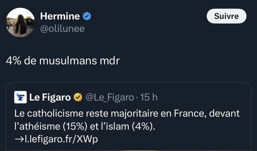 L’extrême droite choquée que 4% de la population française se considère musulmane alors qu’elle occupe 100% de leurs obsessions.