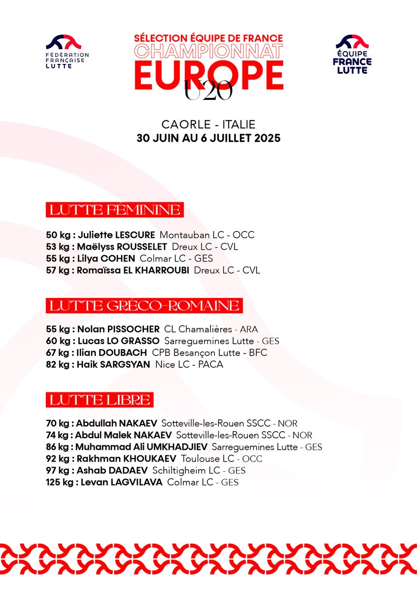 🌍 𝑺𝒆́𝒍𝒆𝒄𝒕𝒊𝒐𝒏 𝑬𝑫𝑭 - 𝑬𝒖𝒓𝒐𝒑𝒆 𝑼20 🌍

Découvrez la sélection France U2️⃣0️⃣ qui prendra part aux prochains championnats d'Europe qui se tiendront à Caorle en Italie 🇮🇹.

📆 30 juin au 6 juillet 2025.