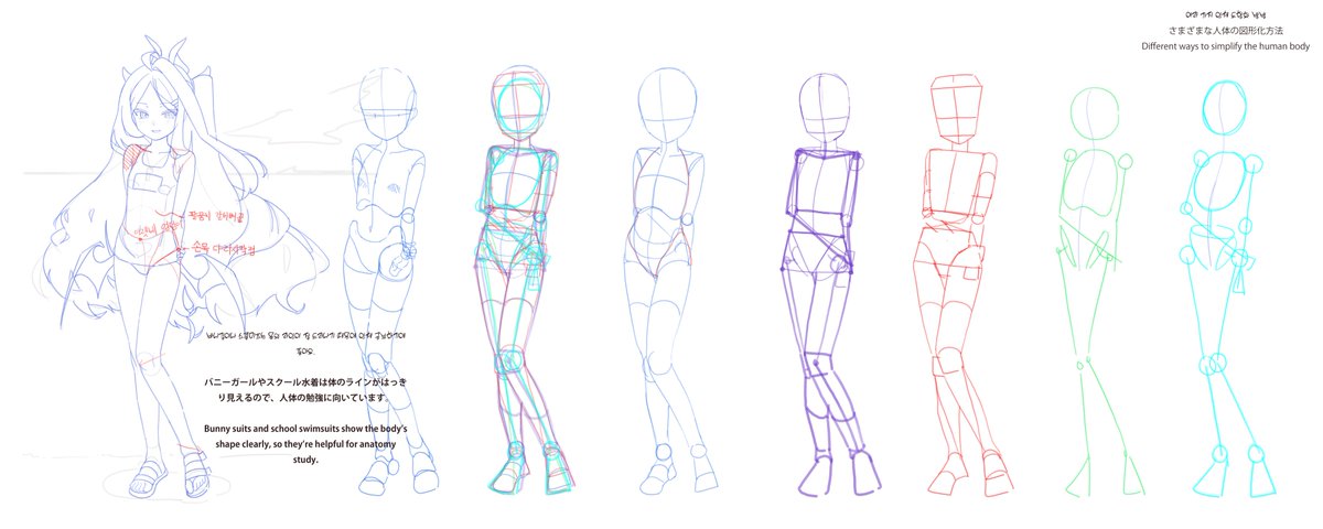 인체 도형화 공부도 좋지만, 작가님들마다 도형화 방법이 달라서 저한테 여쭤보셔도 명확하게 답변드리기 어려워요.
심지어 도형화를 전혀 하지 않고 그리시는 분들도 많아요.
도형화 공부를 시작하기 전에, 먼저 본인이 ‘예쁘다’고 생각하는 비율을 파악하고 나서 도형화에 들어가면 더 좋아요.