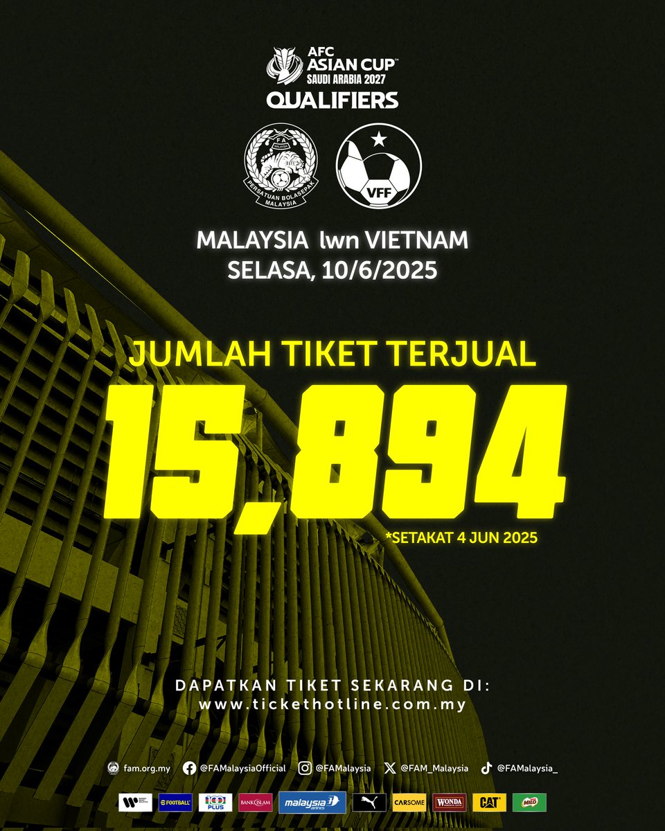 6️⃣ hari lagi menjelang perlawanan kedua Kumpulan F, Kelayakan Piala Asia 2027, Malaysia 🇲🇾 🆚️ 🇻🇳 Vietnam di Stadium Nasional, Bukit Jalil pada Selasa, 10 Jun 2025.

Ayuh penyokong Harimau Malaya, dapatkan tiket sekarang di bit.ly/tiketvie

#FAM #HarimauMalaya #ACQ2027