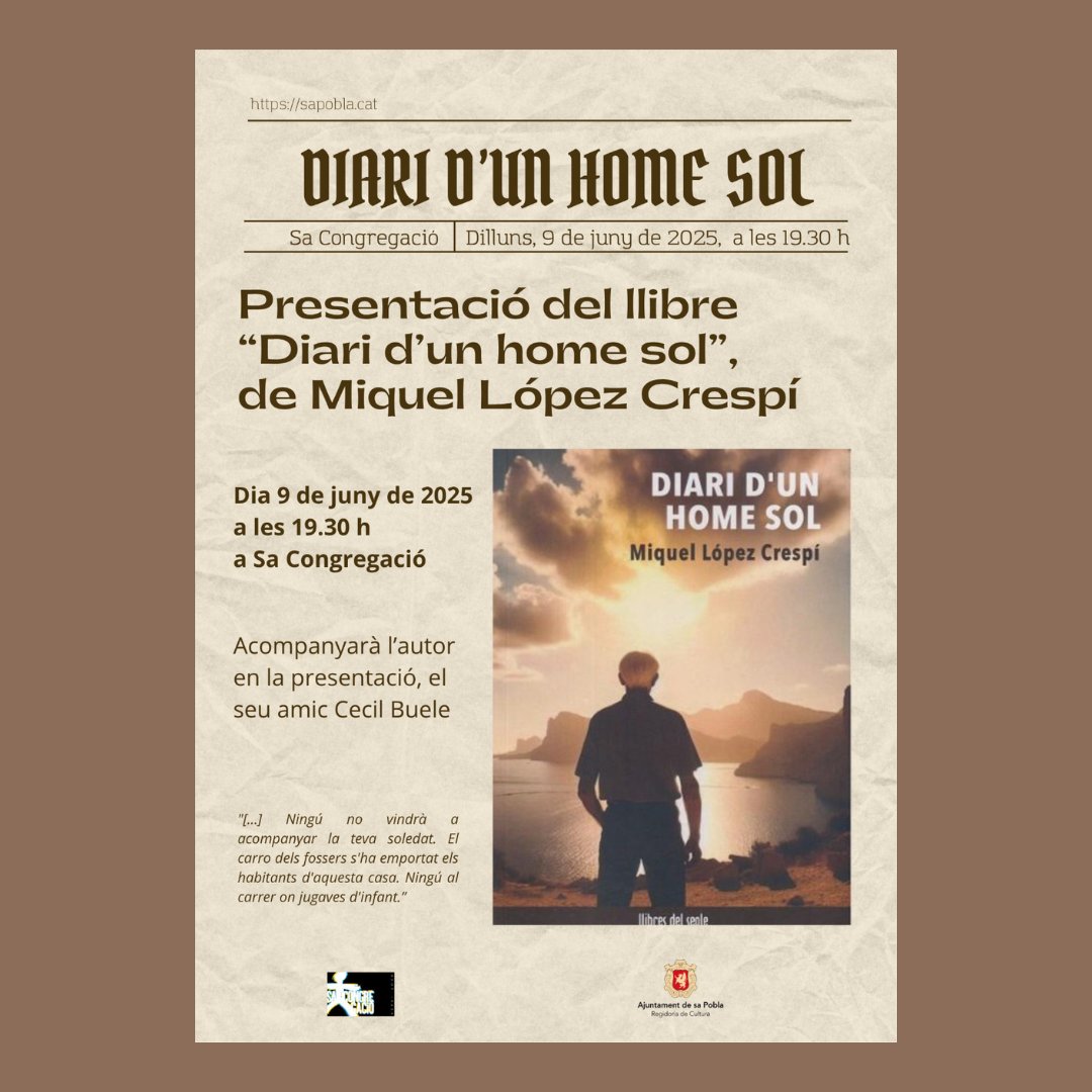 📚 Aquest dilluns, Miquel López Crespí presenta "Diari d'un home sol" a sa Congregació. Un recull de relats on l'autor mescla la ficció amb el relat autobiogràfic per crear petites perles literàries. Estarà acompanyat de Cecili Buele.