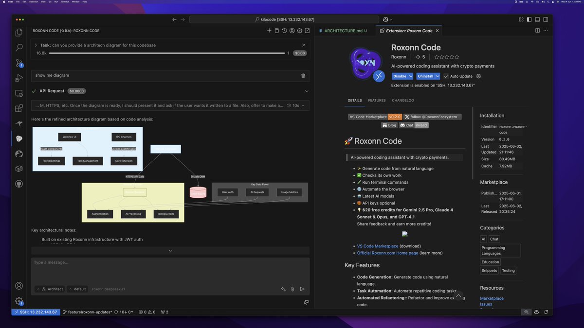 RoxonnEcosystem's tweet image. 🚀 Roxonn Code VS Code Extension is LIVE & Open Source! Earn $ROXN for contributions 🚀
Our AI coding assistant (Fork of Kilo Code) is here to boost your productivity!
✅ AI code gen & automation
✅ Refactor code
✅ Access GPT-4o, DeepSeek+
🎁 New users: 500 FREE AI prompt…