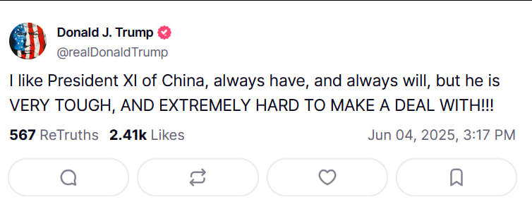 🇺🇸 Trump: “I like President Xi of China — always have, always will. But he’s VERY tough, and EXTREMELY hard to make a deal with!”

Trump and Xi reportedly held a call early this morning, discussing tariff cuts, trade imbalances, and rare earth exports.

Even after the call, Trump