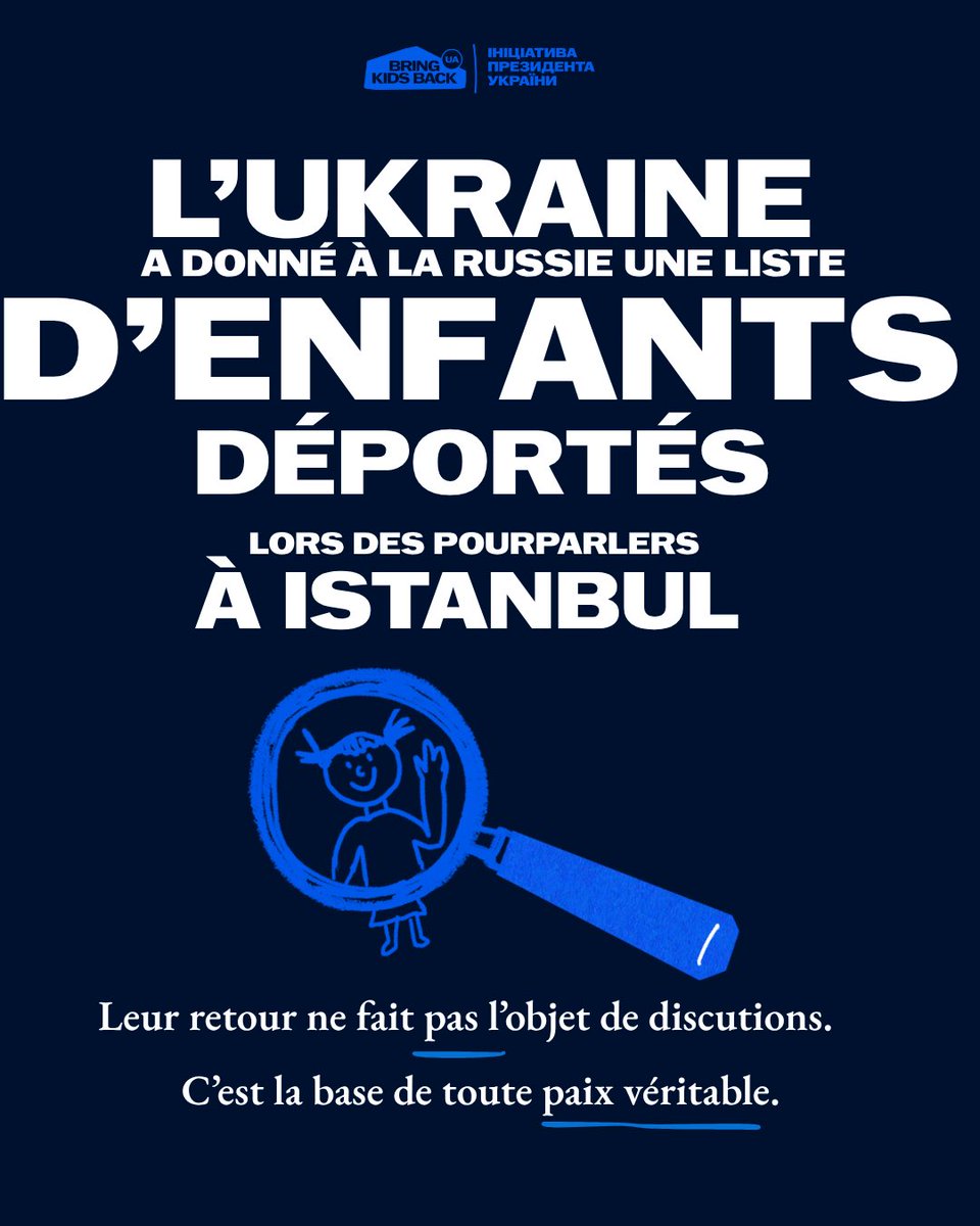 À Istanbul, l’Ukraine a transmis à la Russie une liste d’enfants déportés.
Leur retour n’est pas une faveur, c’est une obligation morale et juridique.
Pas de paix possible sans actes concrets.
Restituer les enfants 🇺🇦 volés par la Russie serait un premier pas. #BringKidsBack