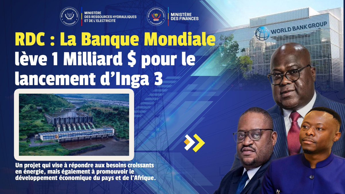 Ricardo (@ricardobyoshi) on Twitter photo 🔴#RDC : la Banque mondiale lève un financement de 1 milliard de $ pour la construction de Inga 3
Un projet qui vise à répondre aux besoins croissants en énergie, mais également à promouvoir le développement économique du Pays et de l’Afrique.
<a href="/ted_lwamba/">Teddy Lwamba</a> 🔴#RDC : la Banque mondiale lève un financement de 1 milliard de $ pour la construction de Inga 3
Un projet qui vise à répondre aux besoins croissants en énergie, mais également à promouvoir le développement économique du Pays et de l’Afrique.
<a href="/ted_lwamba/">Teddy Lwamba</a>