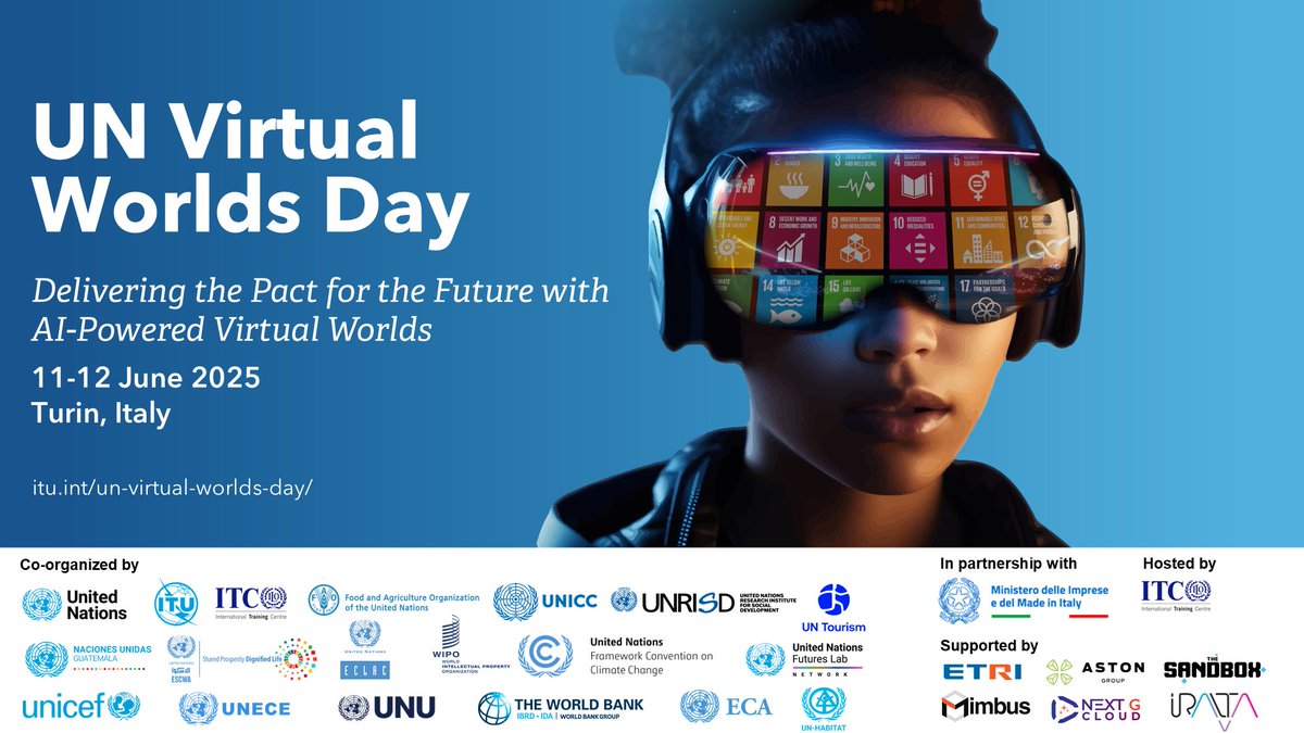 Just 1 week to go! Join global leaders in Turin or online for the 2nd UN Virtual Worlds Day — a flagship event shaping a human-centered, AI-powered digital future.
🗓️ 11–12 June 2025
 📍Turin + Online
🔗 itu.int/un-virtual-wor…