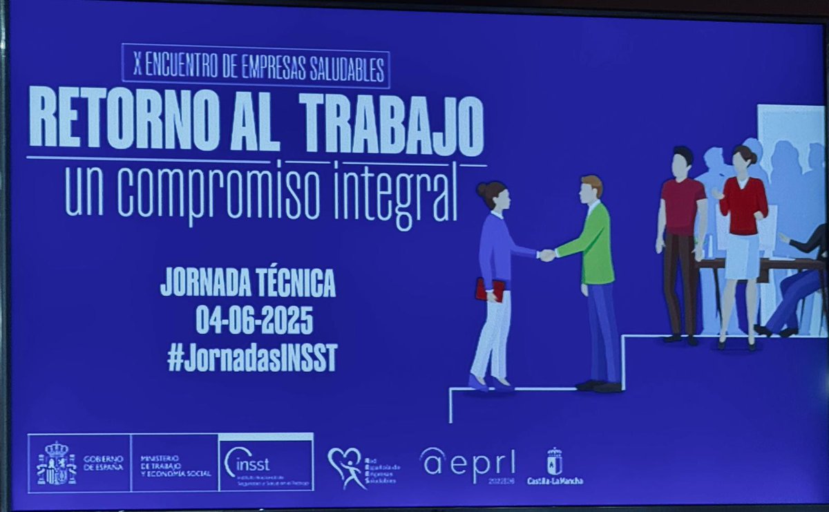 Solimat (@solimat72) on Twitter photo Estamos en el “X Encuentro Abierto de la Red Española de Empresas Saludables” donde se compartirán buenas prácticas en #SaludLaboral bajo el lema “Retorno al trabajo, un compromiso integral”.
<a href="/INSST_MITES_GOB/">INSST</a> <a href="/gobjccm/">Gobierno de Castilla-La Mancha</a> <a href="/pfrancoCLM/">Patricia Franco</a> <a href="/EconomiaCLM/">Economía, Empresas y Empleo CLM</a> <a href="/Cardiocastmanch/">Sociedad Castellanomanchega de Cardiologia</a> <a href="/cuidarcorazon/">FEC Corazón</a> Estamos en el “X Encuentro Abierto de la Red Española de Empresas Saludables” donde se compartirán buenas prácticas en #SaludLaboral bajo el lema “Retorno al trabajo, un compromiso integral”.
<a href="/INSST_MITES_GOB/">INSST</a> <a href="/gobjccm/">Gobierno de Castilla-La Mancha</a> <a href="/pfrancoCLM/">Patricia Franco</a> <a href="/EconomiaCLM/">Economía, Empresas y Empleo CLM</a> <a href="/Cardiocastmanch/">Sociedad Castellanomanchega de Cardiologia</a> <a href="/cuidarcorazon/">FEC Corazón</a>