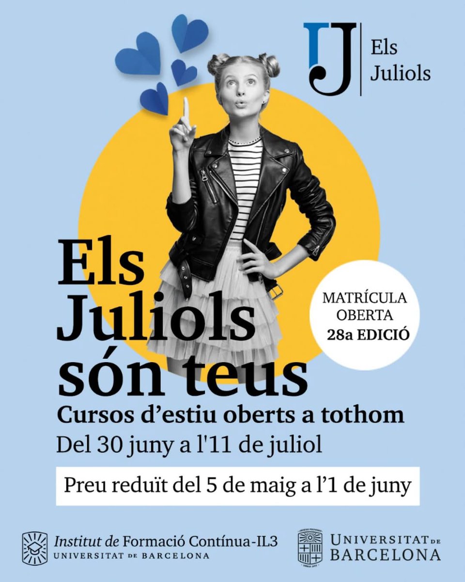 🎓El món es divideix en dos tipus de persones: les que volen que arribi l'estiu per deixar d'anar a classe i els qui desitgen que comencin els cursos ELS JULIOLS A LA UB!

🖍️🍷'D’arts i vins'. Del 7 a l'11 de juliol al #VINSEUM 

il3.ub.edu/ca/juliols/vid…