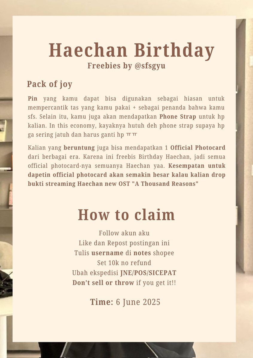 ⋆.˚✮ Haechan Birthday Freebies ✮˚.⋆

— by : <a href="/sfsgyu/">`wa</a> 

RT and likes are very appreciated ₊˚⊹♡

🗓 6 June 2025
🔗 id.shp.ee/X3dNMBx

✮ Details and rules are in pict  
✮ ± 50 pcs