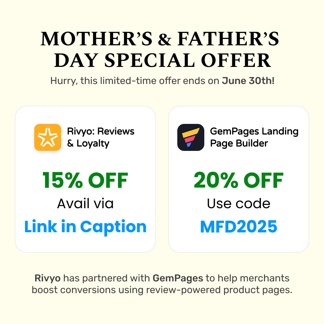 WebContrive (@webcontrive) on Twitter photo Motherโs & Fatherโs Day Deal is LIVE! Valid till 30th June
Rivyo ๐ค GemPages = Power combo for Shopify merchants!
<a href="/gempages/">GemPages</a> Offer ๐20% OFF (Use Code: MFD2025)
๐apps.shopify.com/gempages?utm_sโฆ
<a href="/rivyoapp/">Rivyo: Reviews & Loyalty</a> Offer ๐ 15% OFF
๐apps.shopify.com/rivyo-product-โฆ
#Rivyo #Gempages #Shopify #MFD2025 Motherโs & Fatherโs Day Deal is LIVE! Valid till 30th June
Rivyo ๐ค GemPages = Power combo for Shopify merchants!
<a href="/gempages/">GemPages</a> Offer ๐20% OFF (Use Code: MFD2025)
๐apps.shopify.com/gempages?utm_sโฆ
<a href="/rivyoapp/">Rivyo: Reviews & Loyalty</a> Offer ๐ 15% OFF
๐apps.shopify.com/rivyo-product-โฆ
#Rivyo #Gempages #Shopify #MFD2025