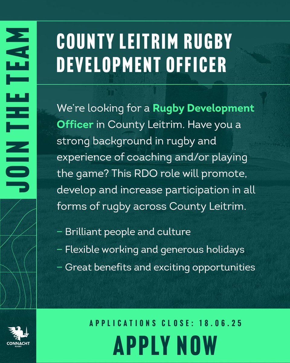 Join the team 👋

Exciting times ahead for rugby in Leitrim and we are looking for a RDO to keep developing the game in the county 🏉 

For more ℹ️ and how to apply click the link 🔗 connachtrugby.ie/about/careers/…

#OneConnacht