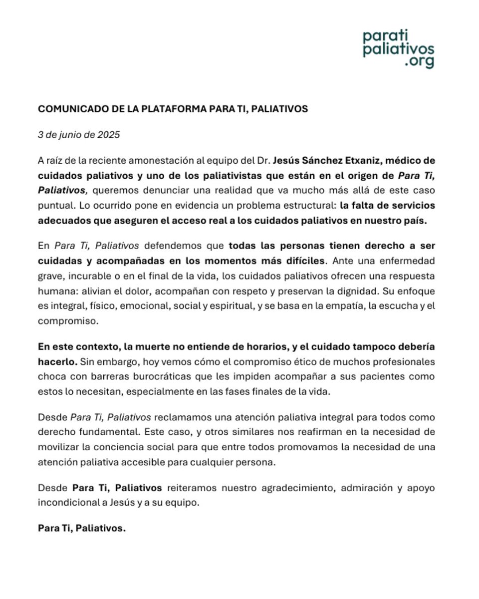 COMUNICADO DE PARA TI, PALIATIVOS.

Desde Para Ti, Paliativos reiteramos nuestro agradecimiento, admiración y apoyo incondicional a Jesús y a su equipo.