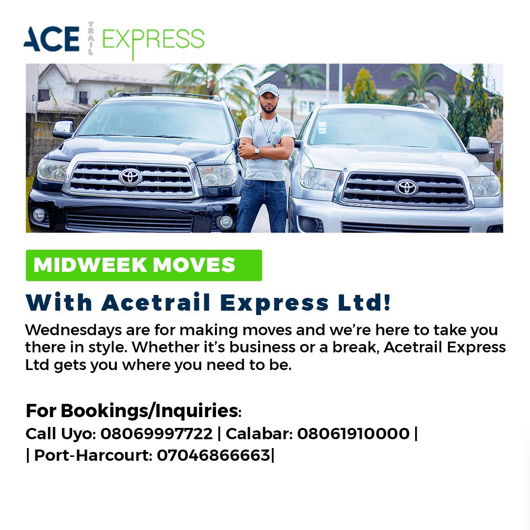 AcetrailExpres's tweet image. MIDWEEK MOVES, MADE EASY!
Whether it’s for work or a quick getaway, ride in comfort and style with Acetrail Express Ltd.

📍Uyo | Calabar | Port Harcourt
📞 Call to book:
Uyo – 08069997722
Calabar – 08061910000
Port Harcourt – 07046866663

#AcetrailExpress #MidweekMoves #Travel