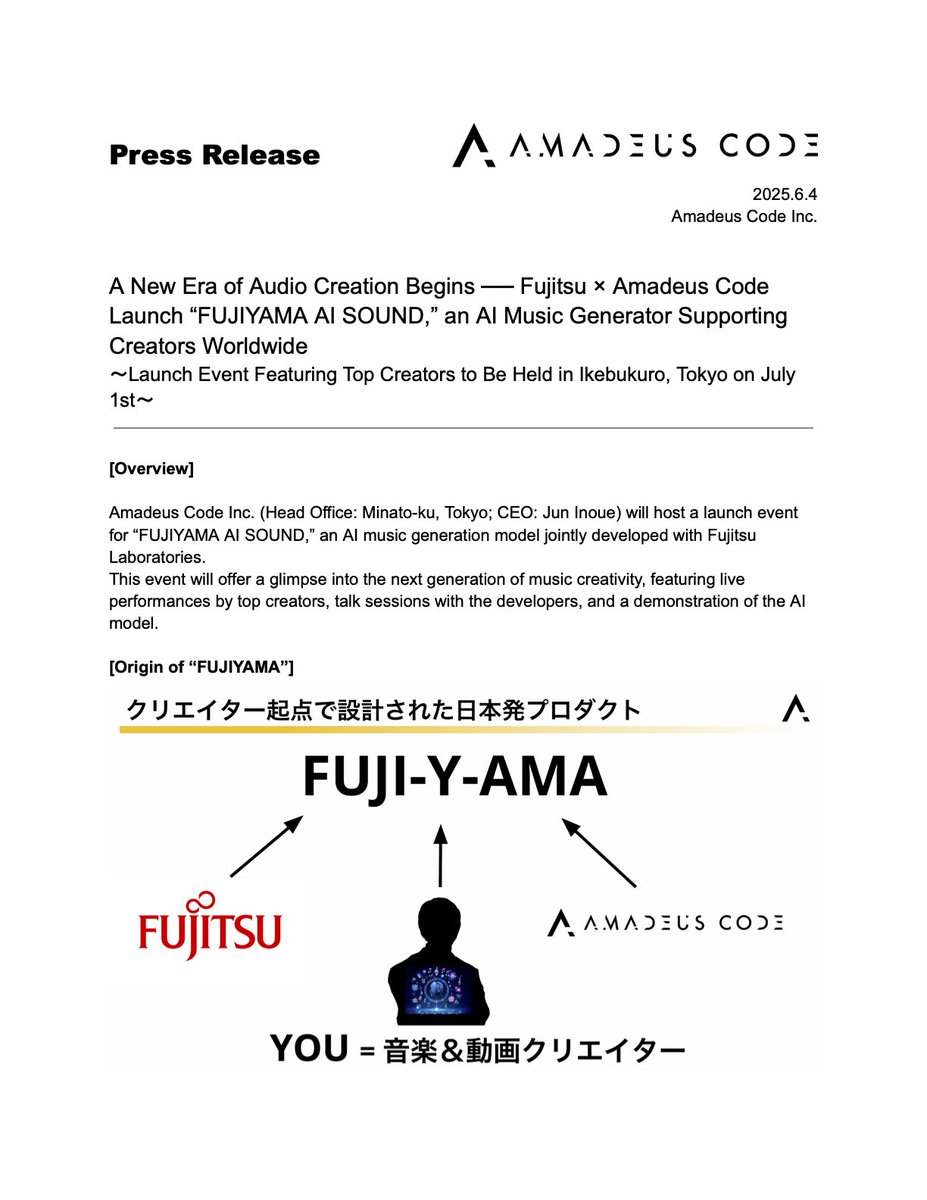 AmadeusCode's tweet image. 🎧 A New Era of Audio Creation Begins—
Fujitsu × Amadeus Code unveil music AI “FUJIYAMA AI SOUND”!
Join us July 1 in Ikebukuro for the launch event.
“AI that resonates with your sensibility” creates unique music.
📎 Details via link in Evoke Music profile

#EvokeMusic #AIMusic