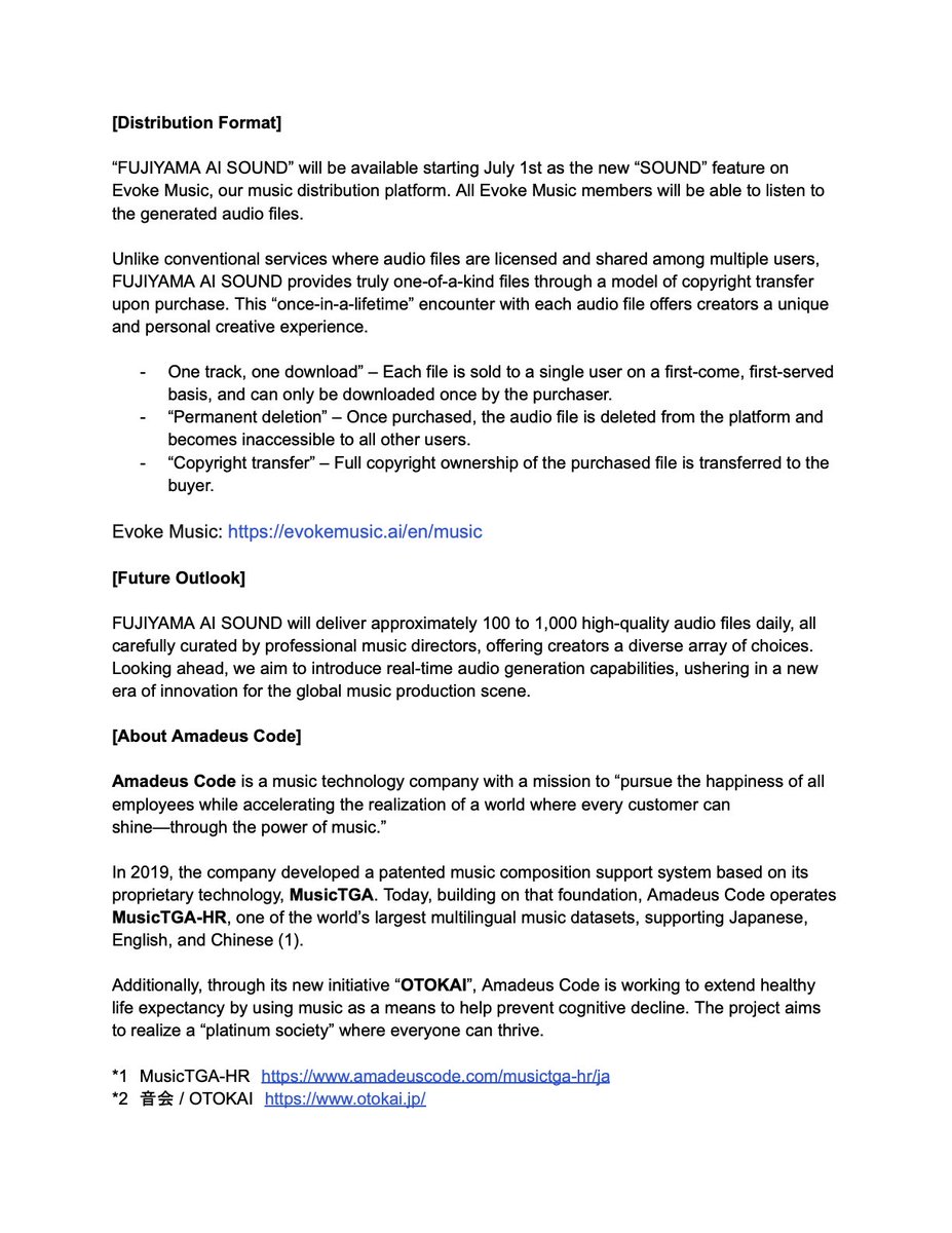 AmadeusCode's tweet image. 🎧 A New Era of Audio Creation Begins—
Fujitsu × Amadeus Code unveil music AI “FUJIYAMA AI SOUND”!
Join us July 1 in Ikebukuro for the launch event.
“AI that resonates with your sensibility” creates unique music.
📎 Details via link in Evoke Music profile

#EvokeMusic #AIMusic