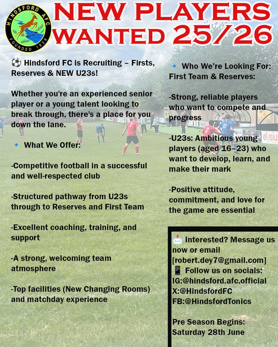 With pre season around the corner we are looking for new players to join all 3 teams next season. Starting Saturday June 28th, don’t be afraid to come along and show your face. 
#ManchesterLeague #Hindsford #NonLeague