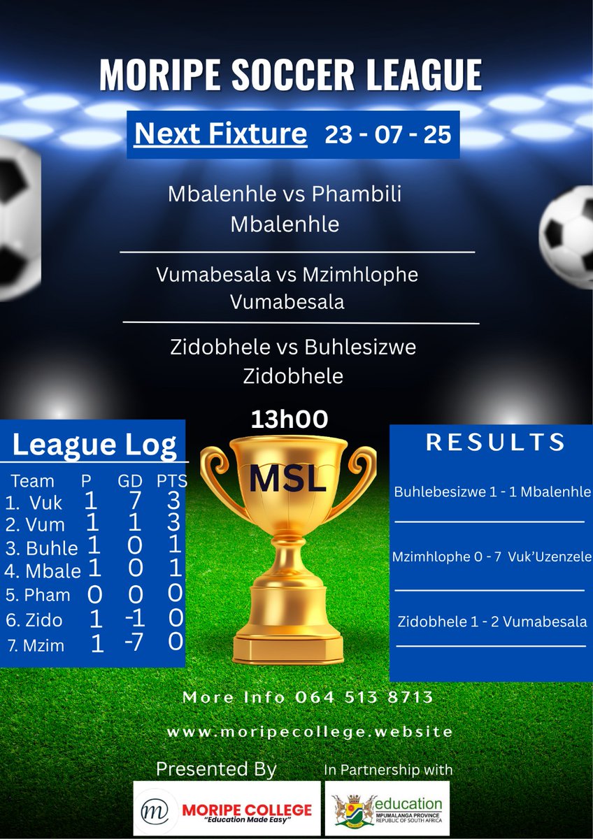 moripeholdings's tweet photo. Moripe Soccer League 🏆 ⚽ ✅ Next Fixture Confirmed.

Follow Our WhatsApp Channel for The Updates and Content ⚽✅🏆

More News ➡️ https://t.co/JkYt0S1iPB
064 513 8713
#MoripeCollege
#Reclaim_Your_Future
#MatricRewrite https://t.co/TEAg0E0nR4