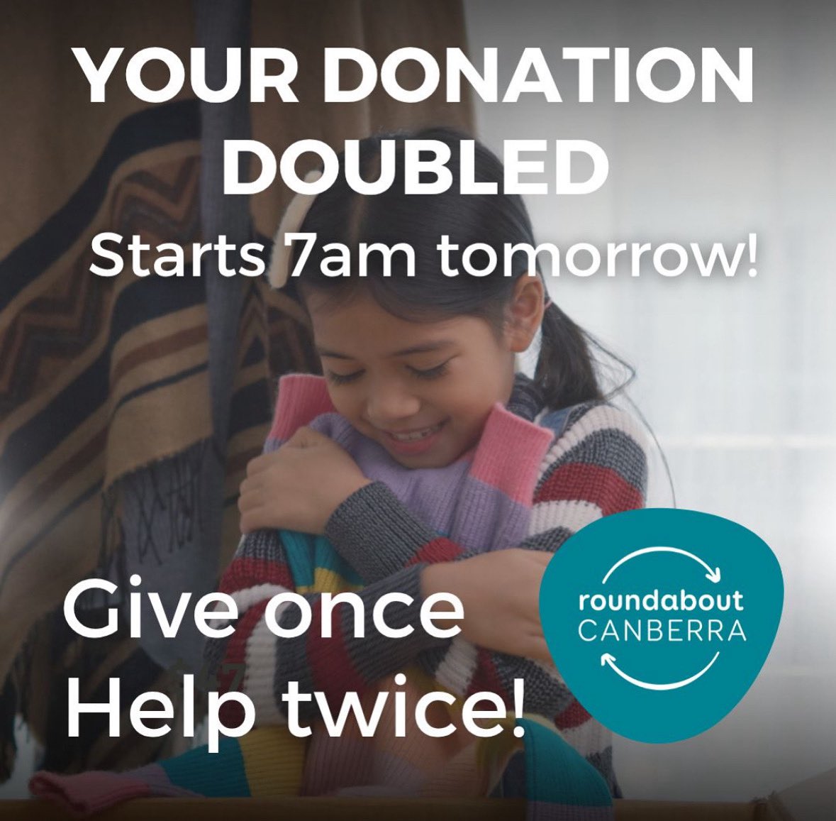 Amanda Tobler (@amandatobler4) on Twitter photo Matched giving starts tomorrow!
Thanks to the incredible generosity of our matching partners, Synergy Group and Gallagher, from 7am tomorrow, all donations made to our EOFY Winter Appeal will be matched up to a total of $30,000!
<a href="/roundaboutCBR/">Roundaboutcanberra </a> Matched giving starts tomorrow!
Thanks to the incredible generosity of our matching partners, Synergy Group and Gallagher, from 7am tomorrow, all donations made to our EOFY Winter Appeal will be matched up to a total of $30,000!
<a href="/roundaboutCBR/">Roundaboutcanberra </a>