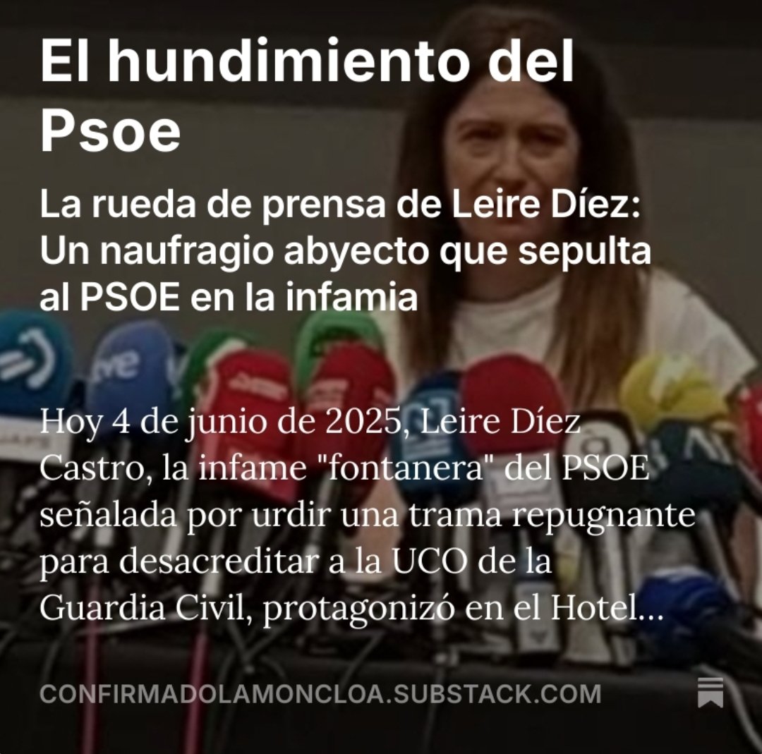 El hundimiento del Psoe

La rueda de prensa de Leire Díez: Un naufragio abyecto que sepulta al PSOE en la infamia open.substack.com/pub/confirmado…