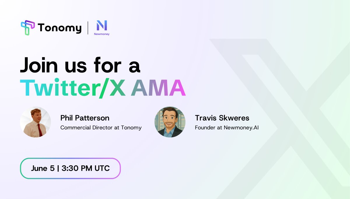 Tonomy (prev. Pangea) (@tonomyio) on Twitter photo Two giga brains. One spicy convo. Endless alpha 🧠💸
Tonomy x <a href="/NewmoneyAI/">Newmoney.AI</a> are teaming up for an AMA that’s gonna melt faces, we’re talkin' self-sovereign identity meets AI-powered wallets. No apps. No passwords. No BS.
🗓 June 5
⏰ 3:30 PM UTC
📍 Twitter
🔗 Two giga brains. One spicy convo. Endless alpha 🧠💸
Tonomy x <a href="/NewmoneyAI/">Newmoney.AI</a> are teaming up for an AMA that’s gonna melt faces, we’re talkin' self-sovereign identity meets AI-powered wallets. No apps. No passwords. No BS.
🗓 June 5
⏰ 3:30 PM UTC
📍 Twitter
🔗