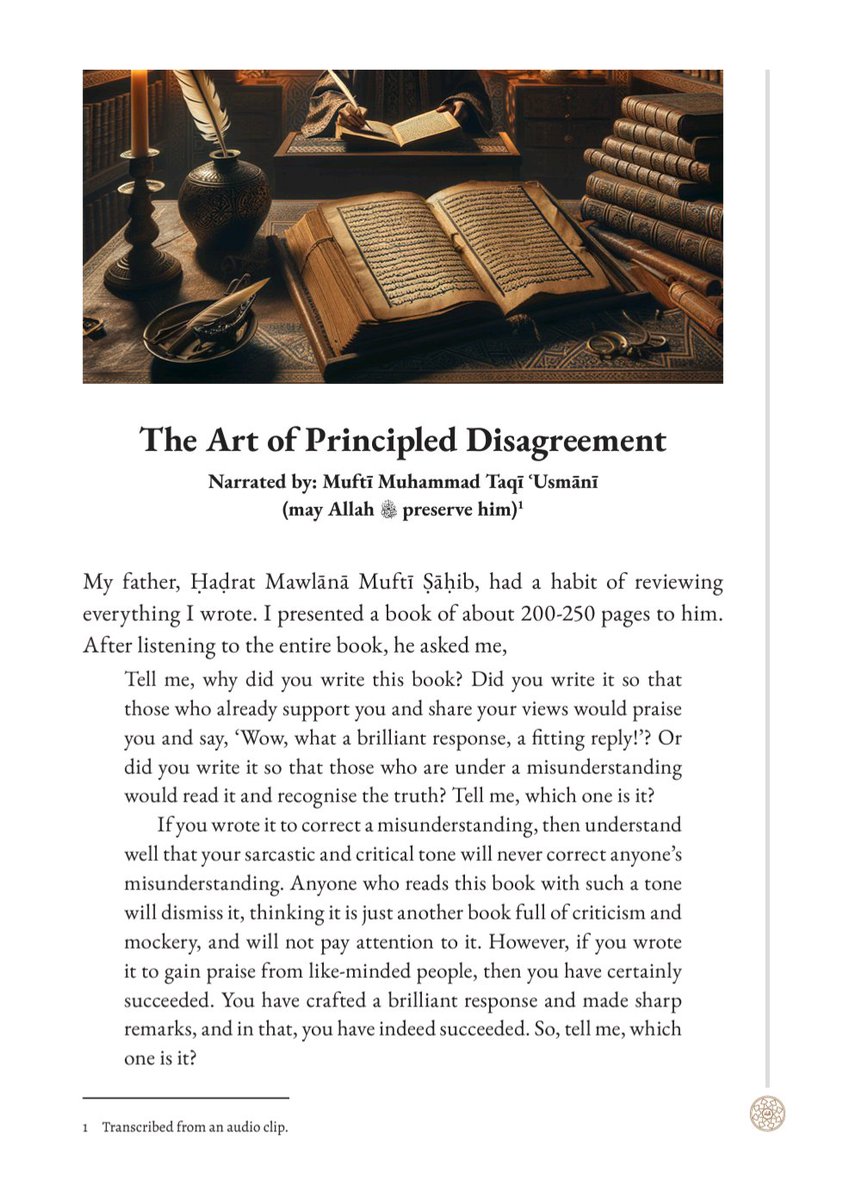 HuzFuz's tweet photo. The Art of Principled Disagreement

Muftī Muhammad Taqī ʿUsmānī (may Allah preserve him) narrates an interaction with his father, Mufti Shafi ʿUsmānī (may Allah have mercy on him).

Excerpt published by @TurathBooks https://t.co/iOGSfeqDss