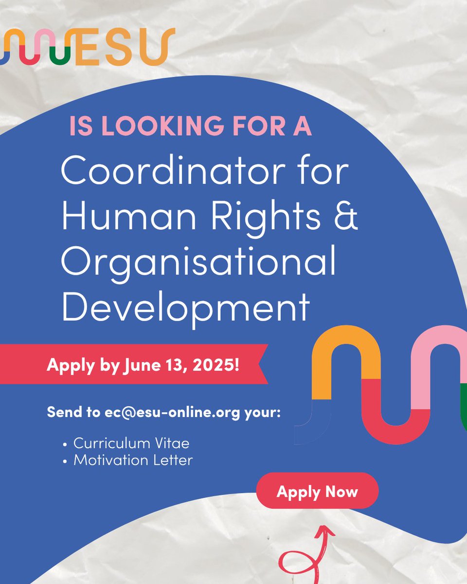 European Students' Union (ESU) (@esutwt) on Twitter photo 🚨 Call for Applications!
Become ESU’s Coordinator for Human Rights & Organisational Development.
🗓️ Deadline: 13 June 2025, 23:59 CEST
📄 Send CV + Motivation Letter to: ec@esu-online.org
📍Optional: Add a recommendation letter (ESU member reference)
bit.ly/4kMJC2y 🚨 Call for Applications!
Become ESU’s Coordinator for Human Rights & Organisational Development.
🗓️ Deadline: 13 June 2025, 23:59 CEST
📄 Send CV + Motivation Letter to: ec@esu-online.org
📍Optional: Add a recommendation letter (ESU member reference)
bit.ly/4kMJC2y