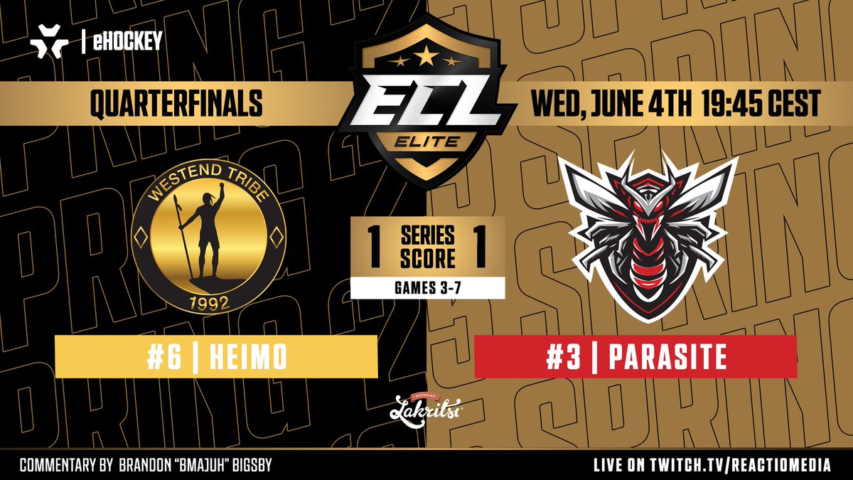 🔥 One last ticket to the #ECL25Spring Elite Semis is up for grabs! 🔥

🟡 <a href="/HeimoEsports/">Heimo Esports</a> and 🐝 <a href="/ParasiteNHL/">Parasite</a> are tied 1–1 — who punches their ticket tonight?

📺 Watch LIVE: twitch.tv/ReactioMedia
⏰ Wed, June 4th | 19:45 CEST
🎙️ <a href="/bMaJuH/">MaJuH 🎥</a>

#eHockey | #NHL25 | #KouvolanLakritsi