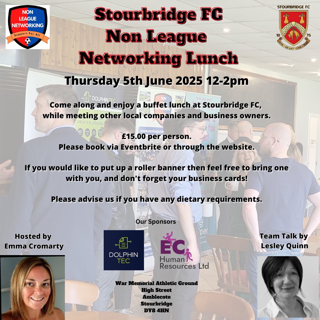 Non League Networking (@n_l_networking) on Twitter photo We are back at <a href="/StourbridgeFC/">Stourbridge FC</a> TOMORROW from 12-2pm for our monthly networking lunch.
We are expecting 20+ business professionals again so come and join us to promote your business.
Book here: eventbrite.co.uk/e/136273384661…
#NonLeagueNetworking We are back at <a href="/StourbridgeFC/">Stourbridge FC</a> TOMORROW from 12-2pm for our monthly networking lunch.
We are expecting 20+ business professionals again so come and join us to promote your business.
Book here: eventbrite.co.uk/e/136273384661…
#NonLeagueNetworking
