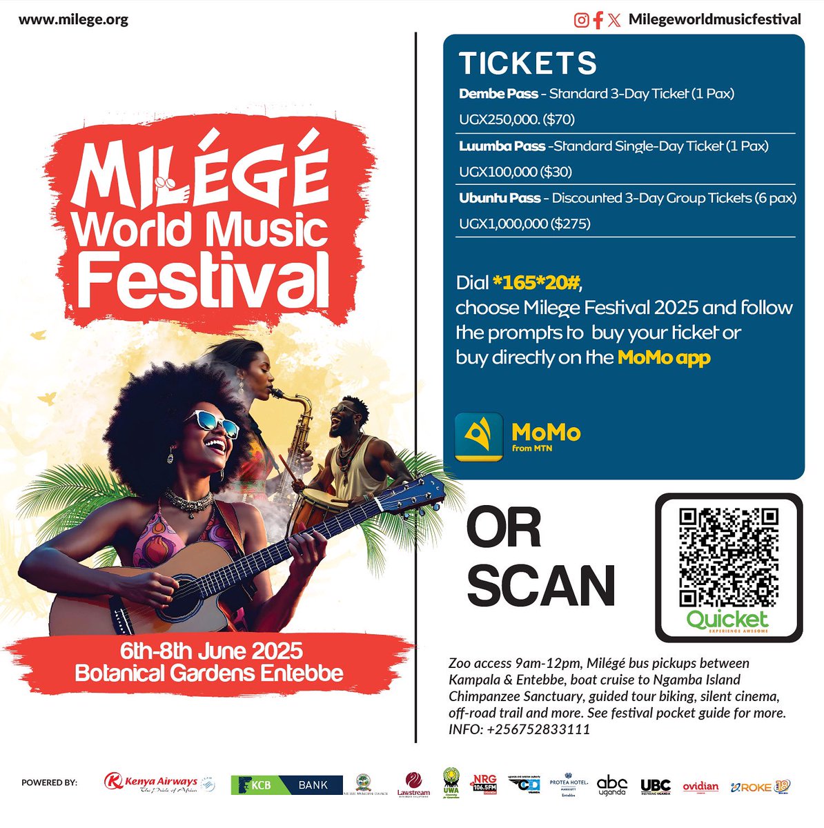 BaboonForestEnt's tweet photo. Milege Festival lands in just a few days – 3 days of music, culture, and unforgettable moments await!

📅 6th–8th June
📍 Botanical Gardens, Entebbe

🎟️ Secure your tickets now via @quicketug 👉 https://t.co/RTHQSnacNd
📲 Or scan the QR code to lock in your spot!

 #MilegeFest25 https://t.co/xjGaukVBkj