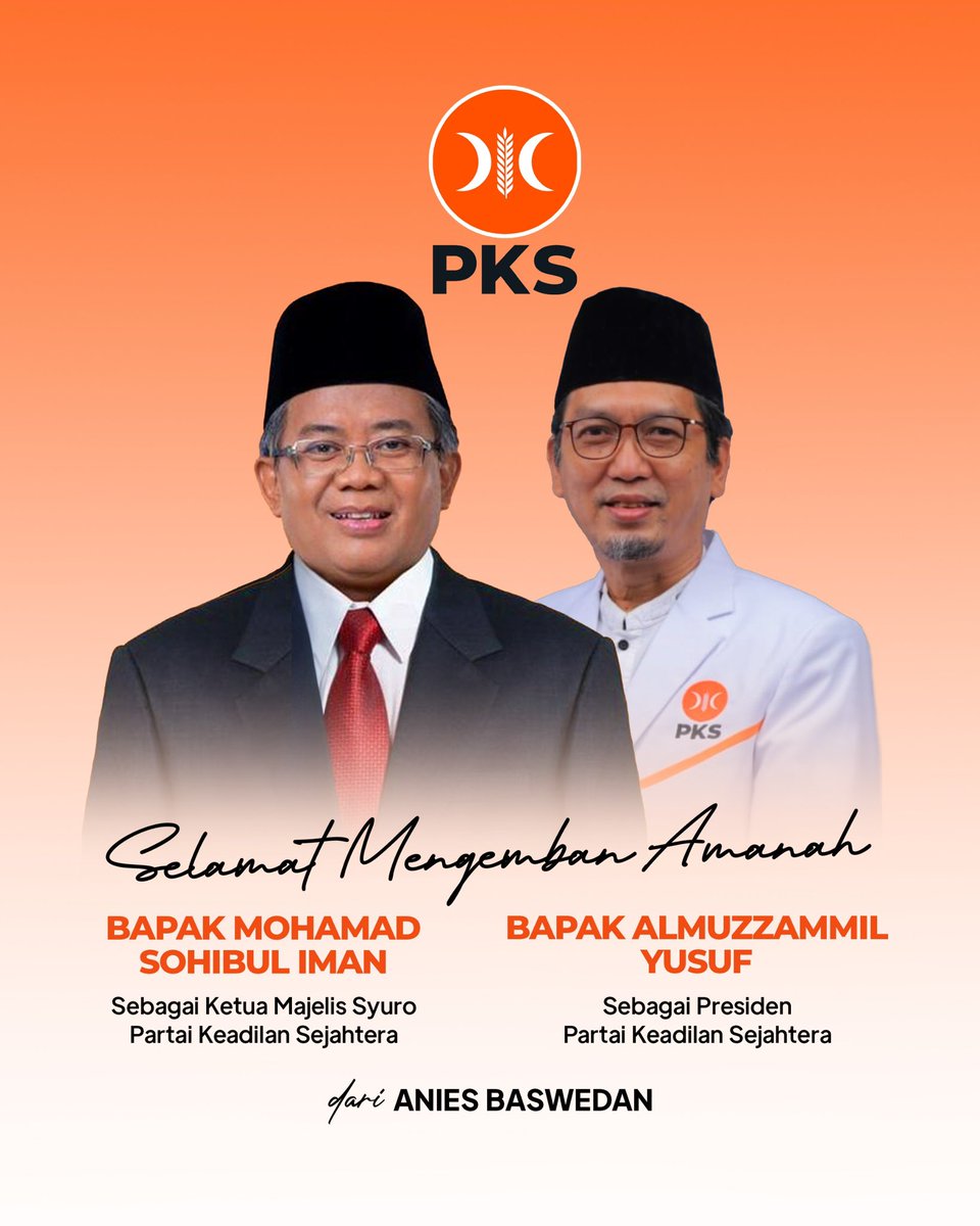 Selamat mengemban amanah kepada Bapak Mohamad Sohibul Iman sebagai Ketua Majelis Syuro, dan Bapak Almuzzammil Yusuf sebagai Presiden Partai Keadilan Sejahtera <a href="/PKSejahtera/">DPP PKS</a>.

InsyaAllah amanah ini dijalankan dengan integritas, hikmah, dan kebijaksanaan, untuk terus menghadirkan