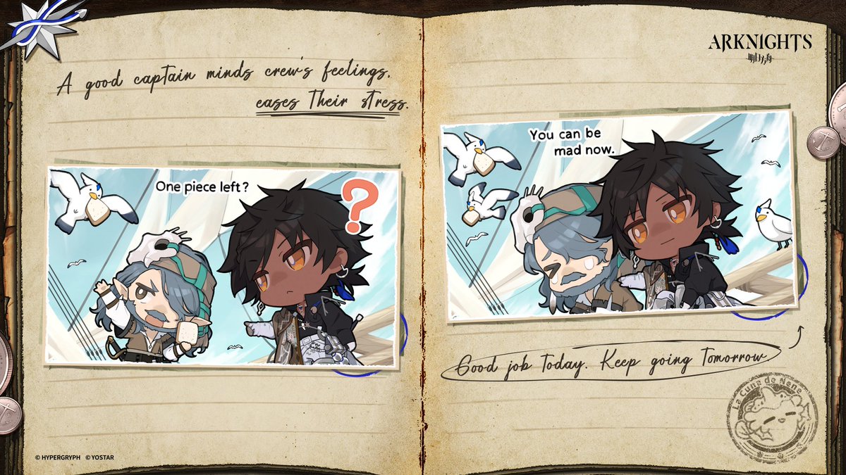 🧭CAPTAIN'S LOG - Care🧭

At sea, you never know when a storm will hit or when a surprise guest will steal your breakfast.

But don't worry, Captain Thorns is here to keep everyone calm.

Artist info: SAIPACo. (<a href="/saipaco/">SAIPACo.</a>)

#Arknights #Yostar