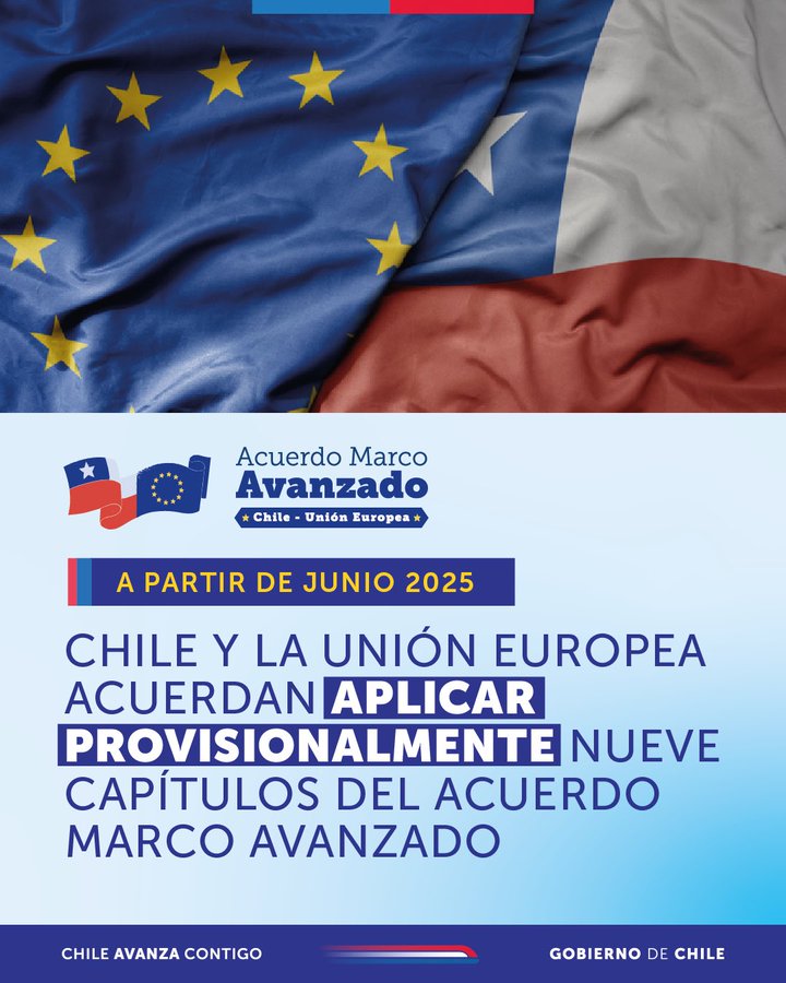 Chile y la Unión Europea acuerdan aplicar provisionalmente nueve capítulos del Acuerdo Marco Avanzado (AMA). 

Para más informaciones de los capítulos del AMA: 

chile.gob.cl/ue/noticias/ch…